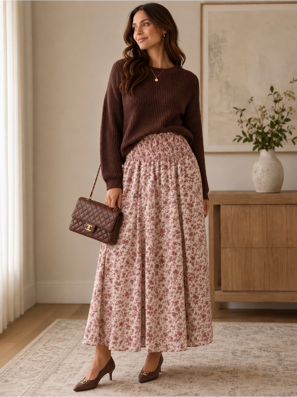 Tuckernuck Floral Smocked Midi Skirt Smoked Rose Ivory Size Small NWT